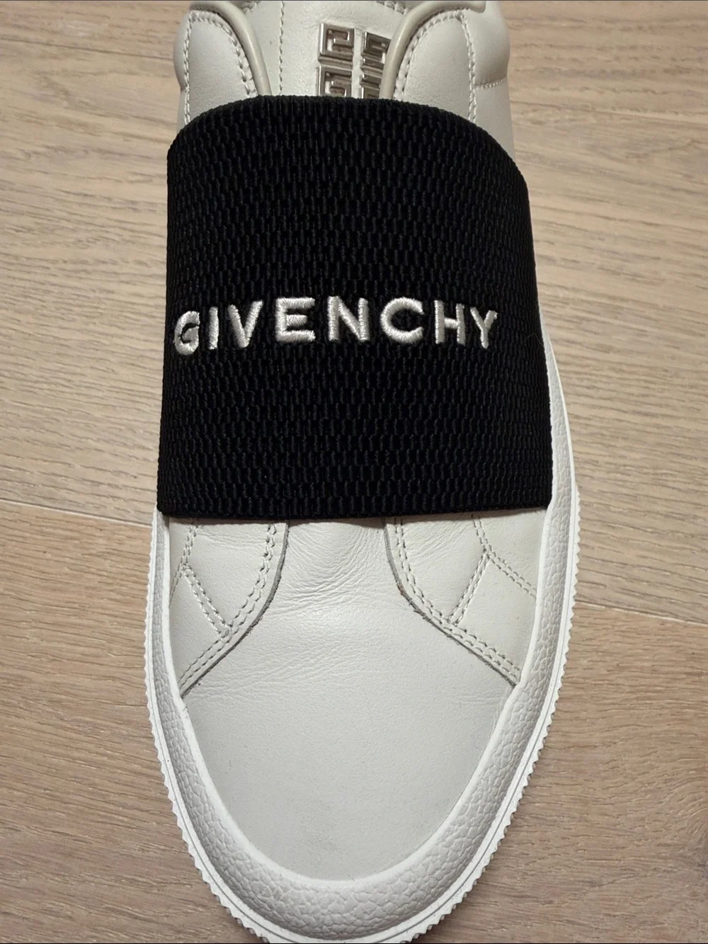 Givenchy White Leather Slip-Ons with Black Logo Band